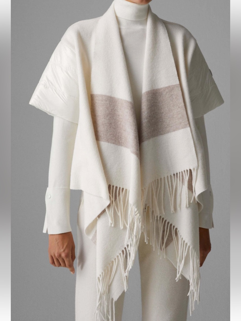 Bogner Off White and Tan Nica Fringe Wool Wrap Cardigan One Size